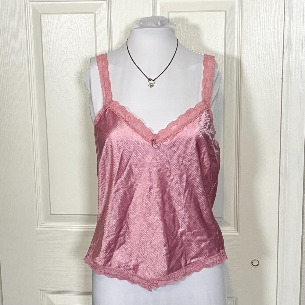 Vintage Warner’s Shine-On Lace Trim Cami Tank Top USA Glossy Satin Pink 34